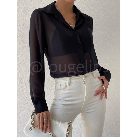 Black Sheer Chiffon Button Down Shirt Long Sleeve - Picture 5 of 8